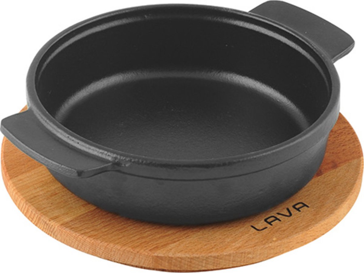 Lava - ronde hotpot - houten onderbord - 17 cm rond - gietijzer zwart
