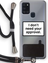 Case Company® - Samsung Galaxy A21s hoesje met Koord - Don't need approval - Telefoonhoesje met Zwart Koord - Bescherming aan alle Kanten en Over de Schermrand