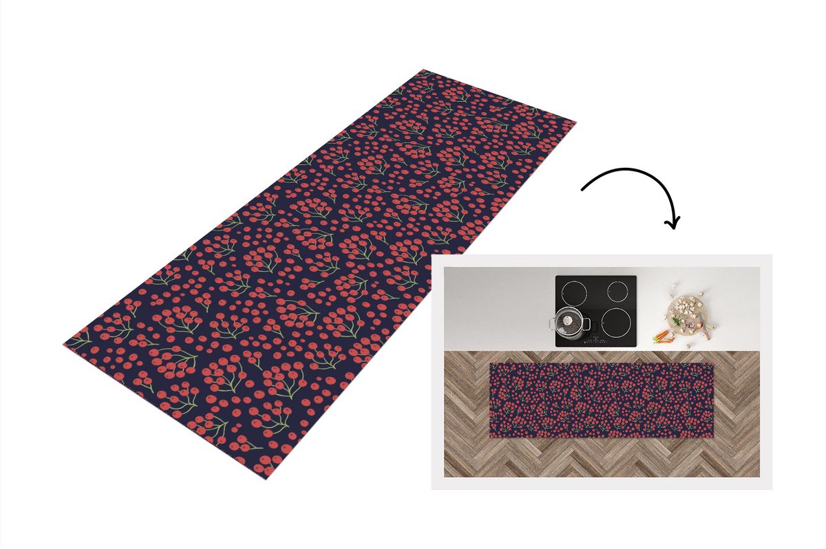 KitchenYeah Keukenloper - Loper keuken - Patronen - Bessen - Rood - 150x50 cm - Keukenloper vinyl Multicolor