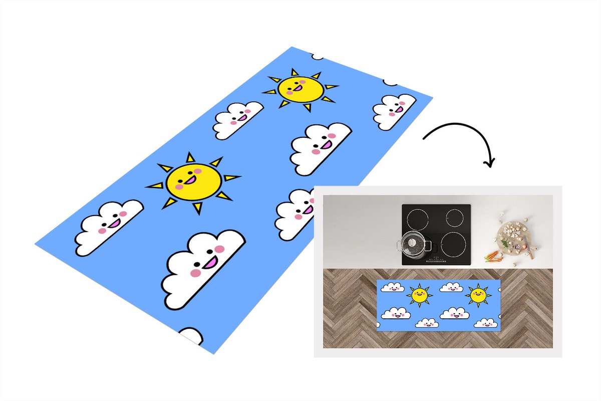 KitchenYeah Keukenloper - Loper keuken - Kawaii - Patronen - Zon - Kinderen - 120x50 cm - Keukenloper vinyl Multicolor