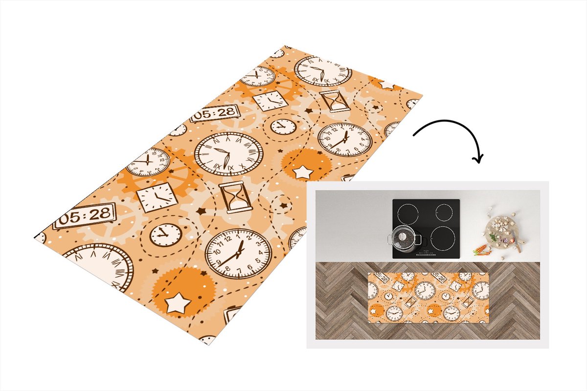 KitchenYeah Keukenloper - Loper keuken - Patronen - Klok - Zandloper - 120x50 cm - Keukenloper vinyl Multicolor