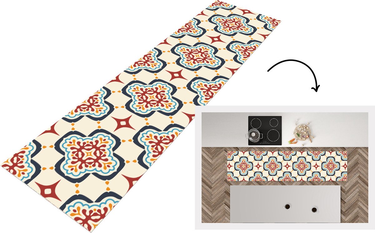 KitchenYeah Keukenloper - Loper keuken - Bloemen - Tegel - Vector - Patroon - 240x60 cm - Keukenloper vinyl Multicolor