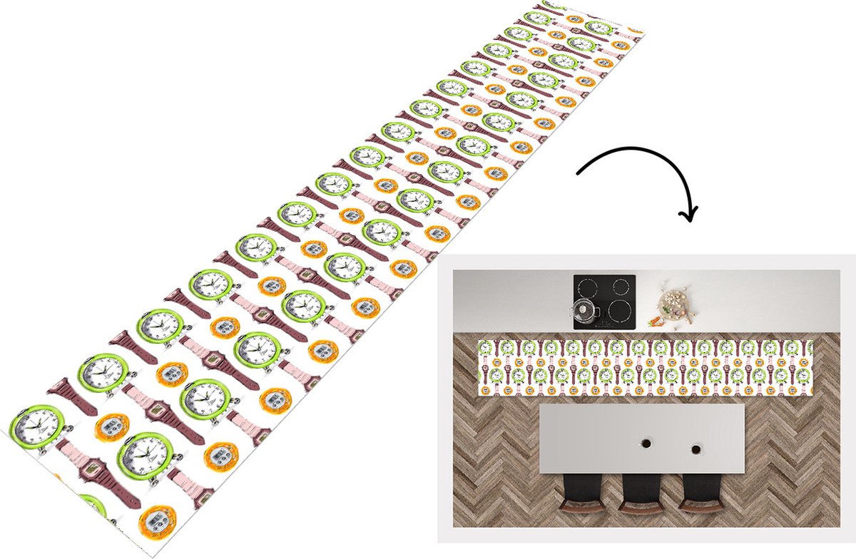 KitchenYeah Keukenloper - Loper keuken - Wekker - Horloges - Stopwatch - Patronen - 300x50 cm - Keukenloper vinyl Multicolor