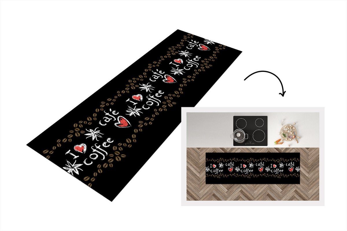 Keukenloper - Loper keuken - Koffie - Patronen - Love - 180x60 cm - Keukenloper vinyl