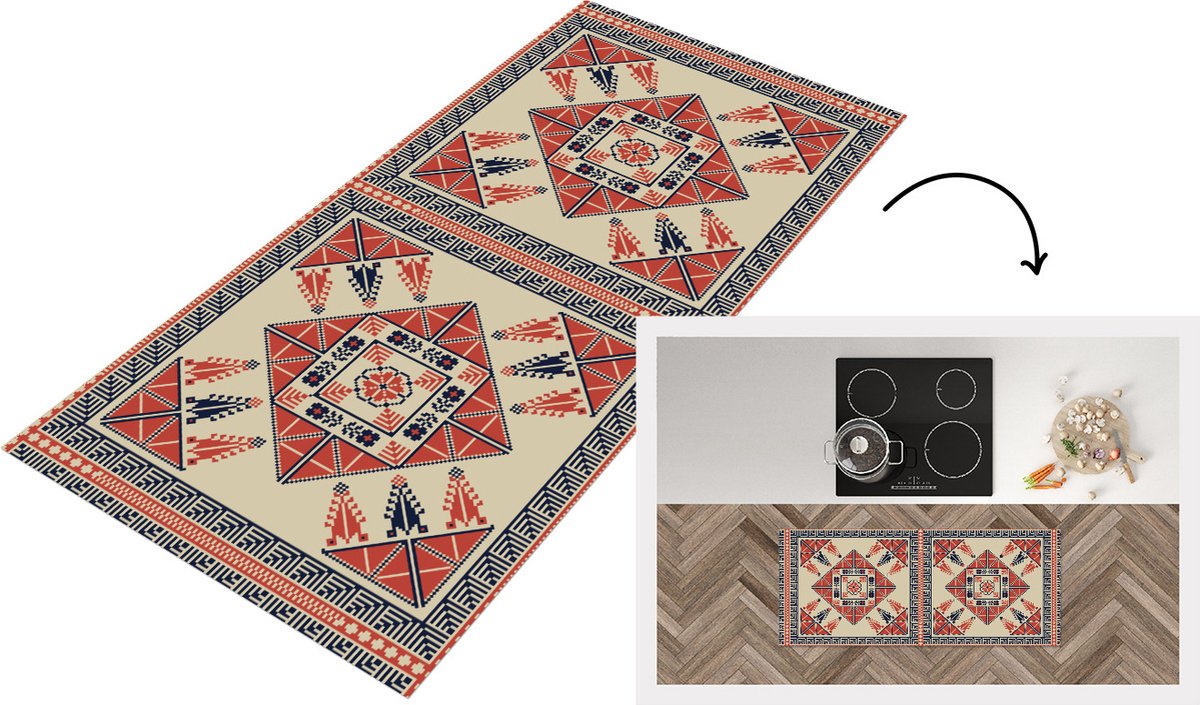 KitchenYeah Keukenloper - Loper keuken - Patronen - Tegel - Bloem - Borduren - Arabisch - 120x50 cm - Keukenloper vinyl Multicolor