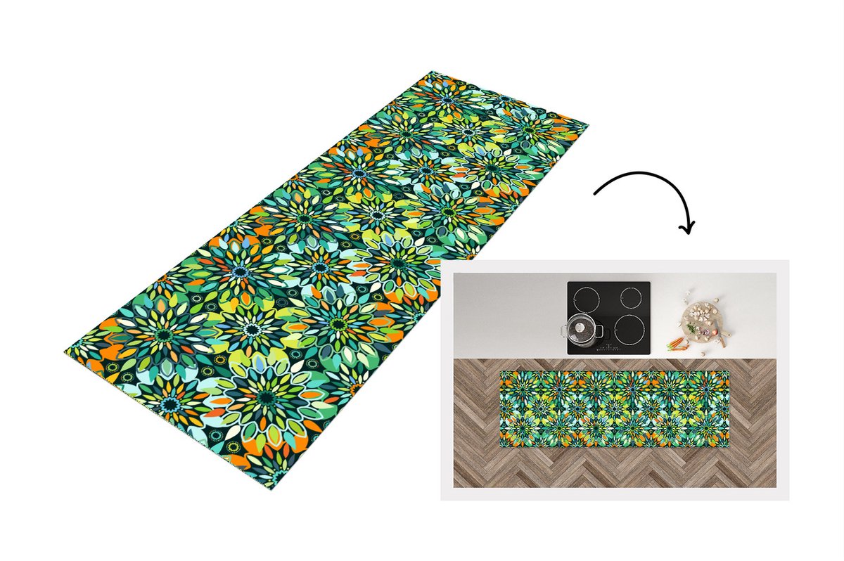 KitchenYeah Keukenloper - Loper keuken - Patroon - Mandala - Groen - 180x60 cm - Keukenloper vinyl Multicolor