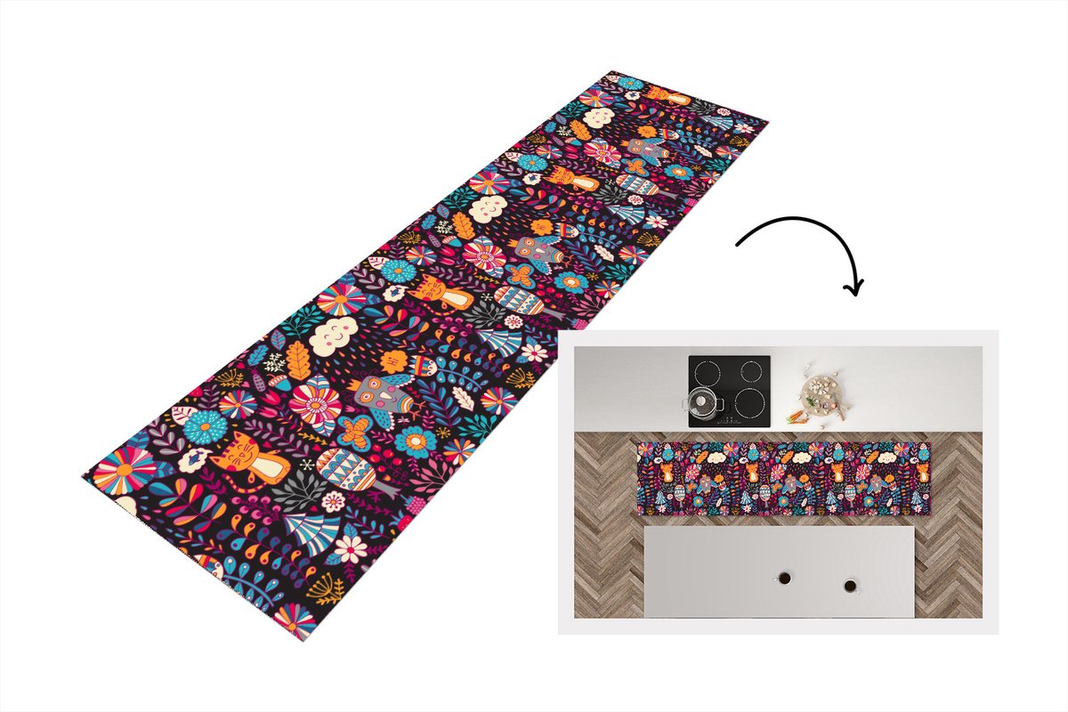 KitchenYeah Keukenloper - Loper keuken - Patroon - Uil - Kat - Bloemen - 240x60 cm - Keukenloper vinyl Multicolor