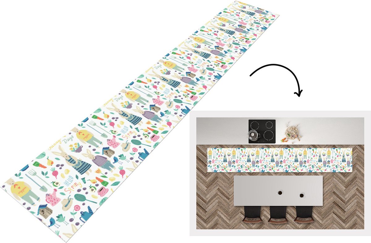 KitchenYeah Keukenloper - Loper keuken - Patronen - Konijn - Lente - Tuin - 300x50 cm - Keukenloper vinyl Multicolor