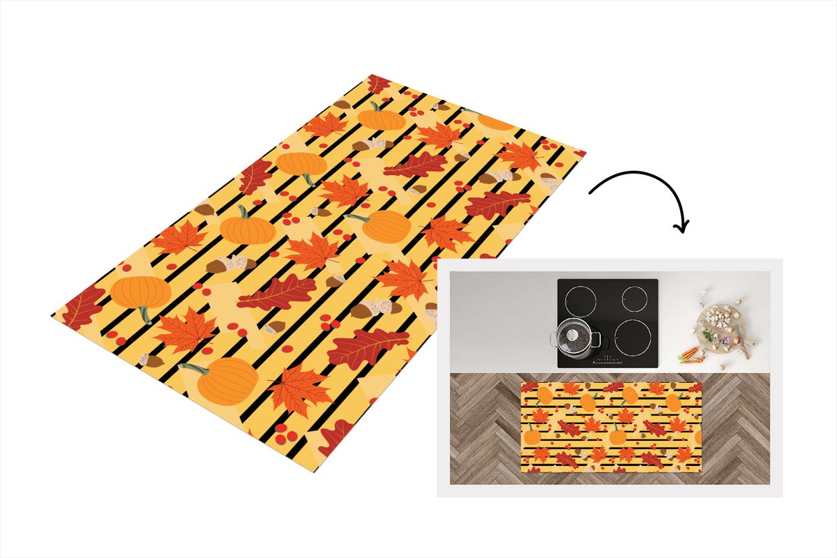 KitchenYeah Keukenloper - Loper keuken - Pompoen - Bes - Bladeren - Herfst - Patroon - 120x60 cm - Keukenloper vinyl Multicolor