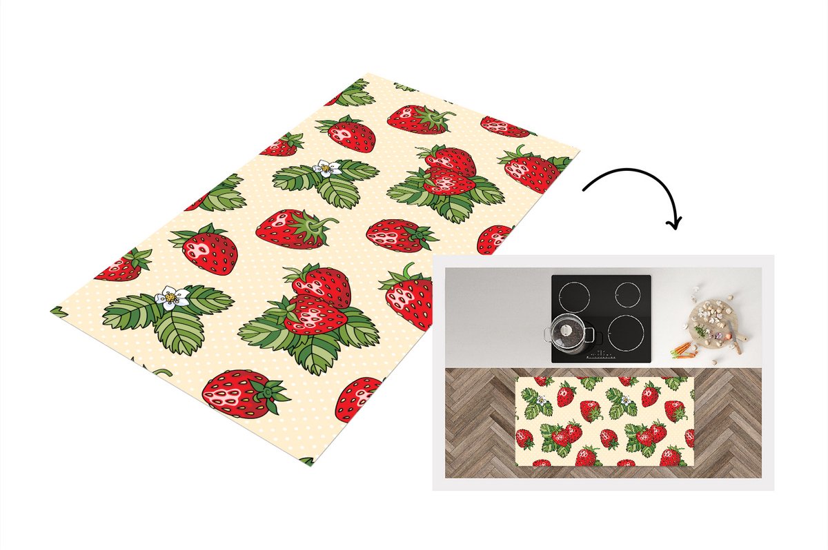 KitchenYeah Keukenloper - Loper keuken - Aardbeien - Fruit - Patronen - 120x60 cm - Keukenloper vinyl Multicolor
