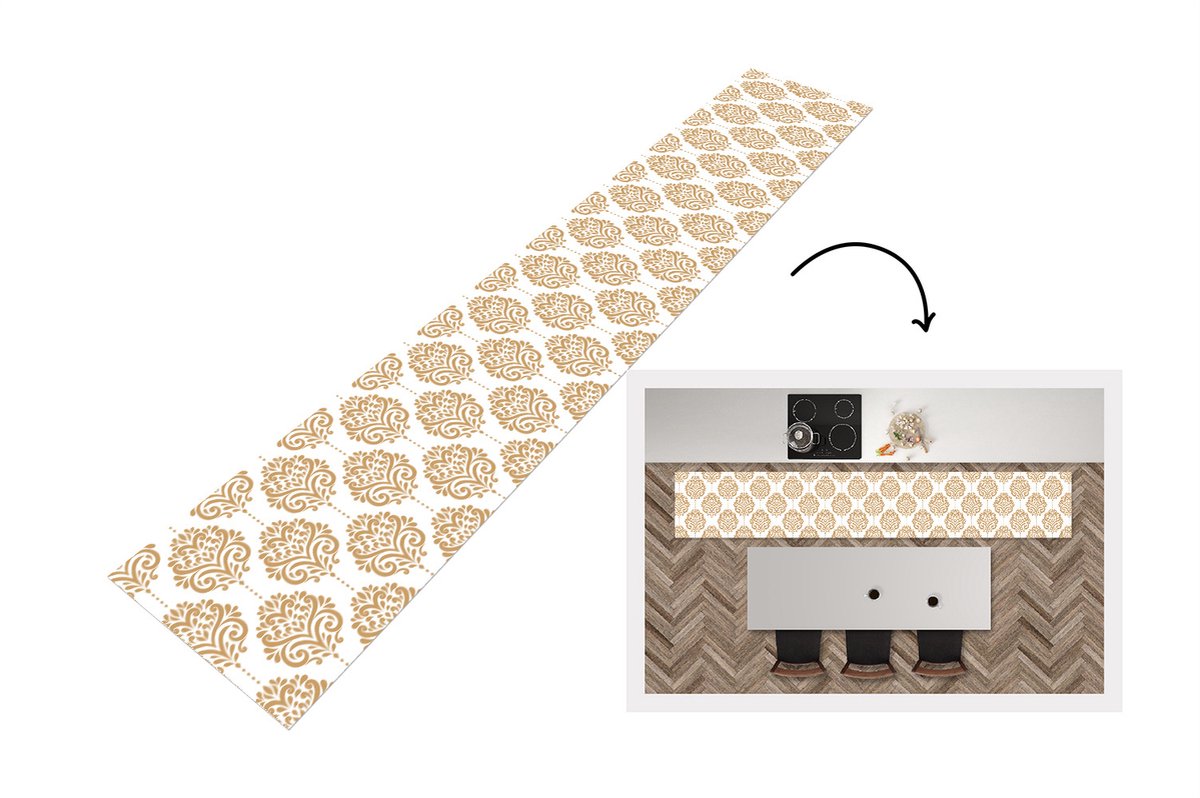 KitchenYeah Keukenloper - Loper keuken - Vintage - Bloemen - Goud - Design - 300x50 cm - Keukenloper vinyl Multicolor