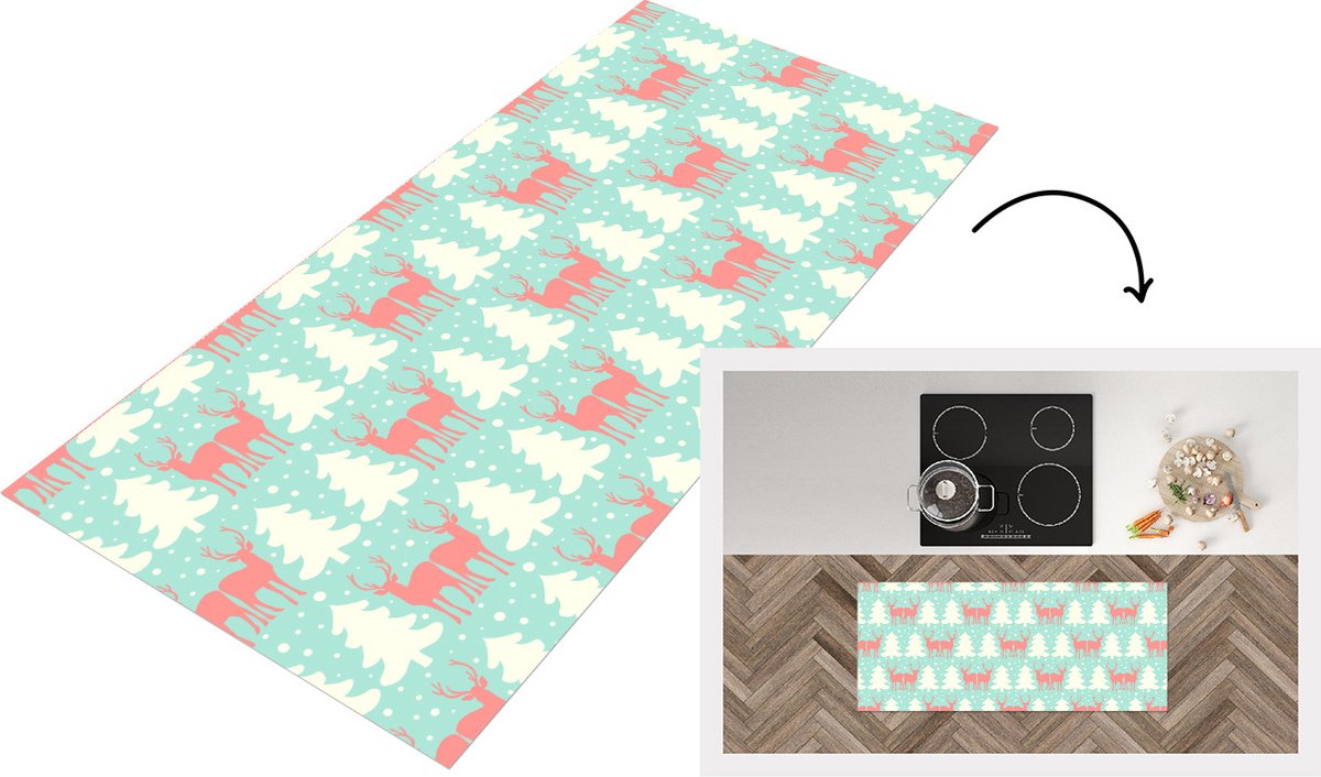 KitchenYeah Keukenloper - Loper keuken - Hert - Patroon - Roze - 120x50 cm - Keukenloper vinyl Multicolor