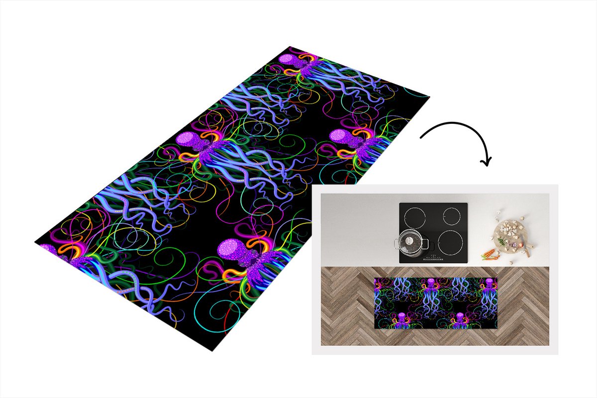 KitchenYeah Keukenloper - Loper keuken - Octopus - Regenboog - Neon - Abstract - Patronen - 120x50 cm - Keukenloper vinyl Multicolor