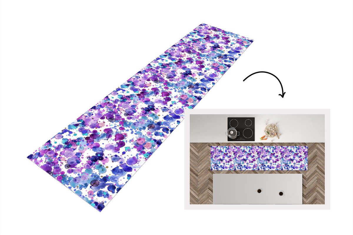 Keukenloper - Loper keuken - Waterverf - Patronen - Paars - 200x50 cm - Keukenloper vinyl
