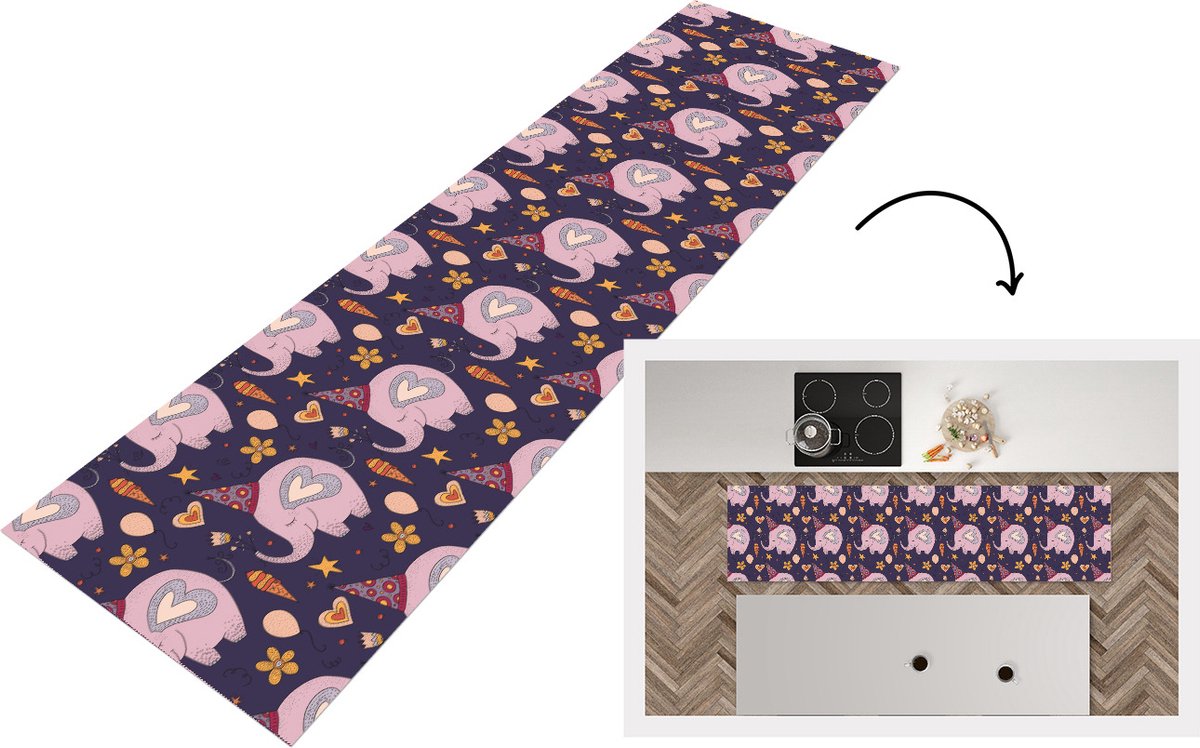 KitchenYeah Keukenloper - Loper keuken - Verjaardag - Olifant - Bloemen - Patronen - 240x60 cm - Keukenloper vinyl Multicolor