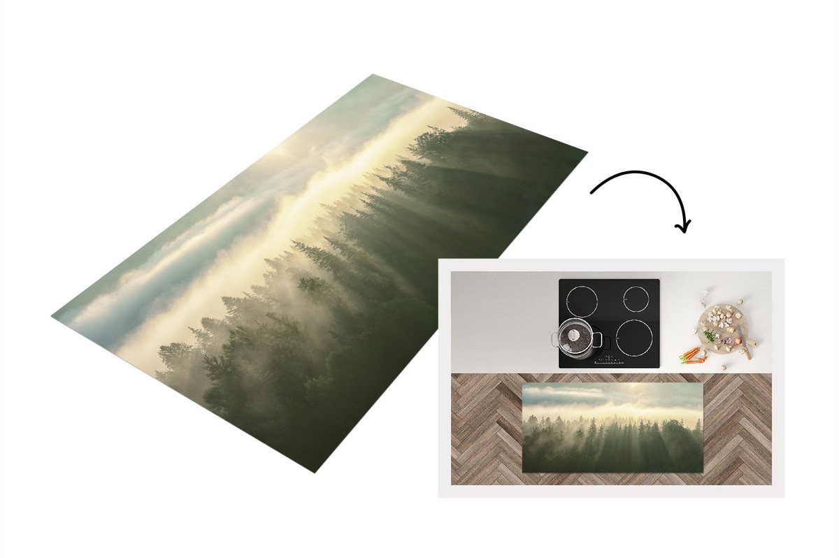 KitchenYeah Keukenloper - Loper keuken - Bos - Mist - Zon - 120x60 cm - Keukenloper vinyl Multicolor