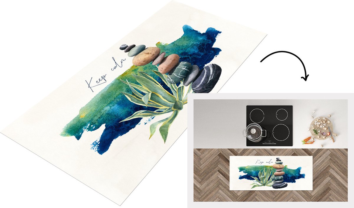 KitchenYeah Keukenloper - Loper keuken - Stenen - Planten - Zee - Waterverf - 120x50 cm - Keukenloper vinyl Multicolor