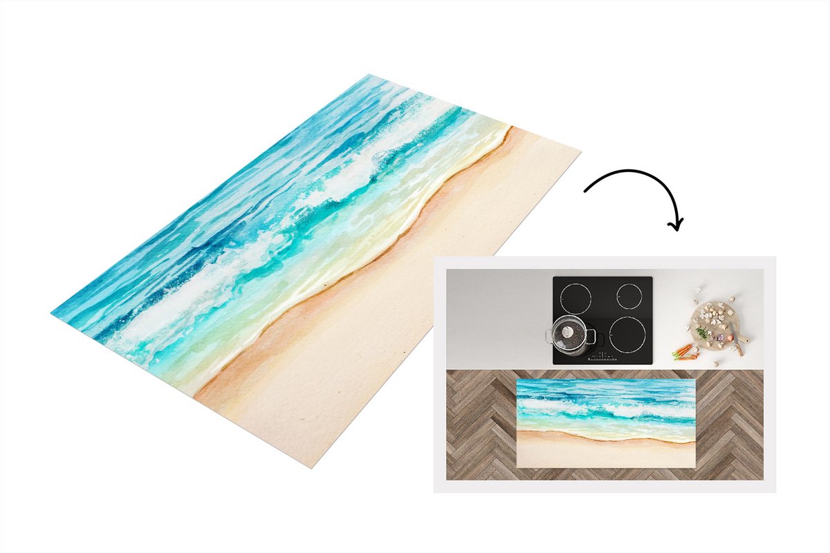 KitchenYeah Keukenloper - Loper keuken - Strand - Golf - Zee - 120x60 cm - Keukenloper vinyl Multicolor
