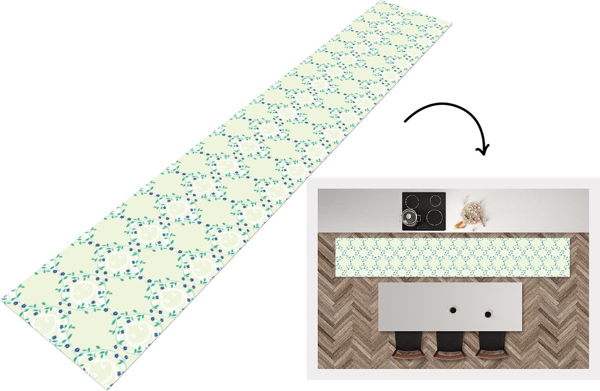 KitchenYeah Keukenloper - Loper keuken - Groen - Blauw - Bloem - Design - Keukenloper vinyl, foto 6