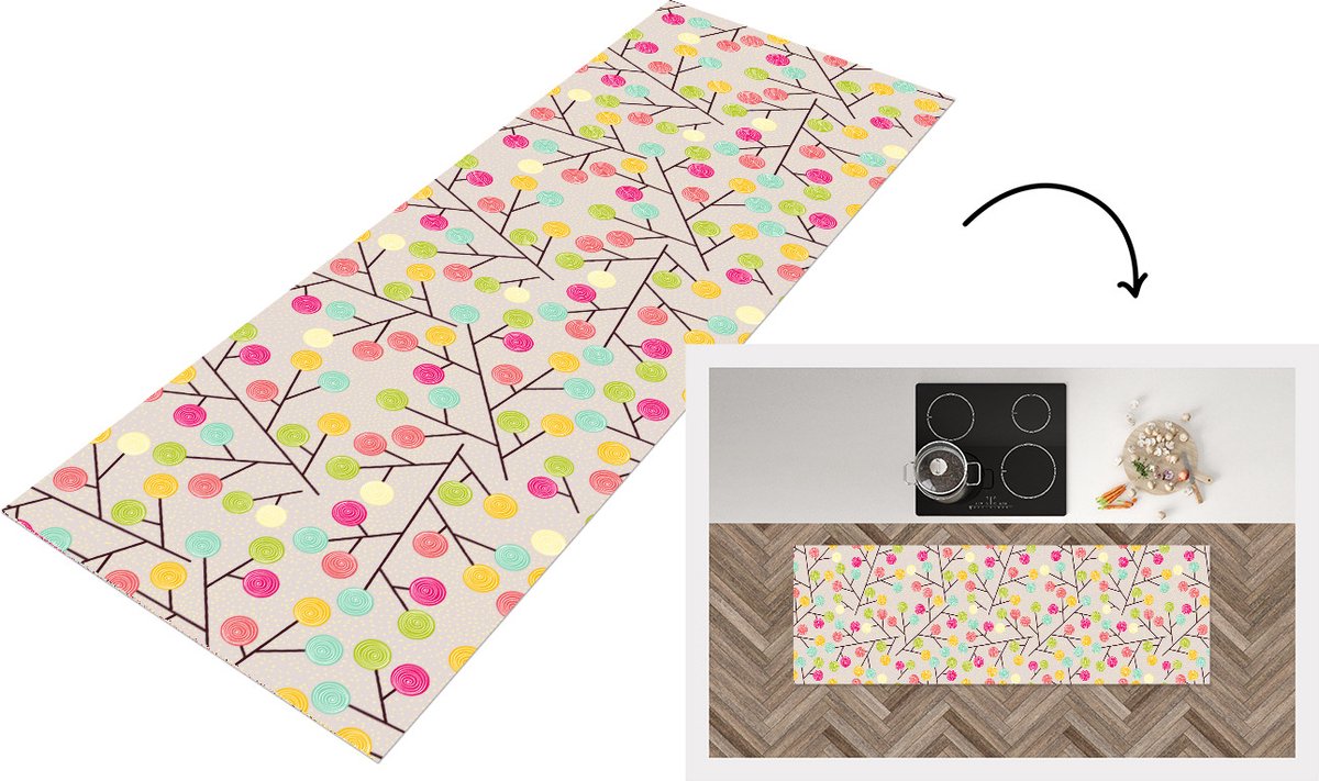 KitchenYeah Keukenloper - Loper keuken - Meisje - Lolly snoep - Boom - Patronen - 150x50 cm - Keukenloper vinyl Multicolor