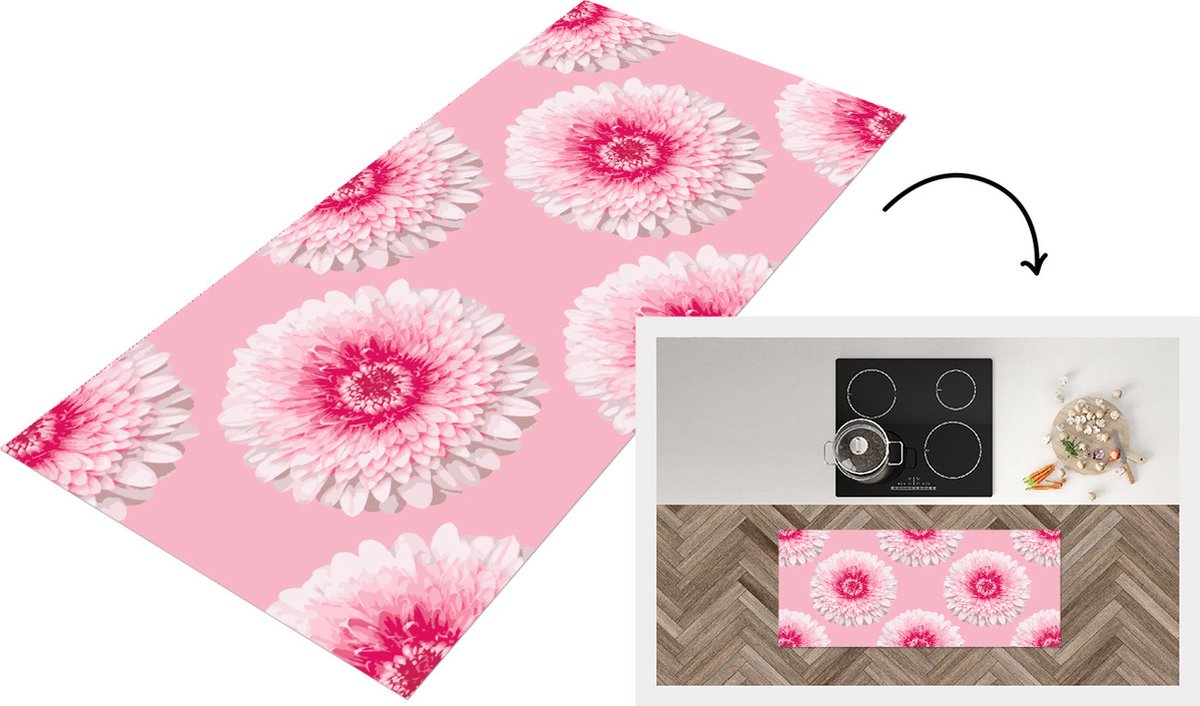KitchenYeah Keukenloper - Loper keuken - Meiden - Bloem - Roze - Patronen - 120x50 cm - Keukenloper vinyl Multicolor