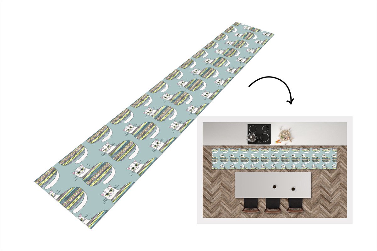 KitchenYeah Keukenloper - Loper keuken - Meisje - Katten - Trui - Patronen - 300x50 cm - Keukenloper vinyl Multicolor