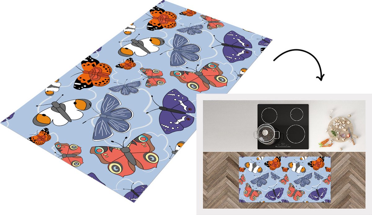 KitchenYeah Keukenloper - Loper keuken - Meisjes - Vlinder - Oranje - Patronen - 120x60 cm - Keukenloper vinyl Multicolor