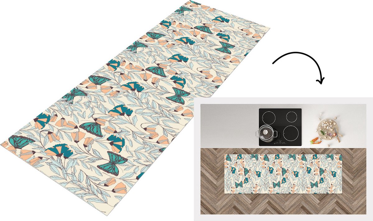 KitchenYeah Keukenloper - Loper keuken - Meisjes - Vlinder - Bloemen - Patronen - 180x60 cm - Keukenloper vinyl Multicolor