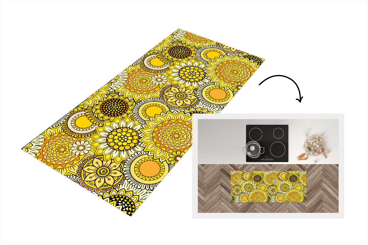 KitchenYeah Keukenloper - Loper keuken - Zonnebloem - Patronen - Geel - 120x50 cm - Keukenloper vinyl Multicolor