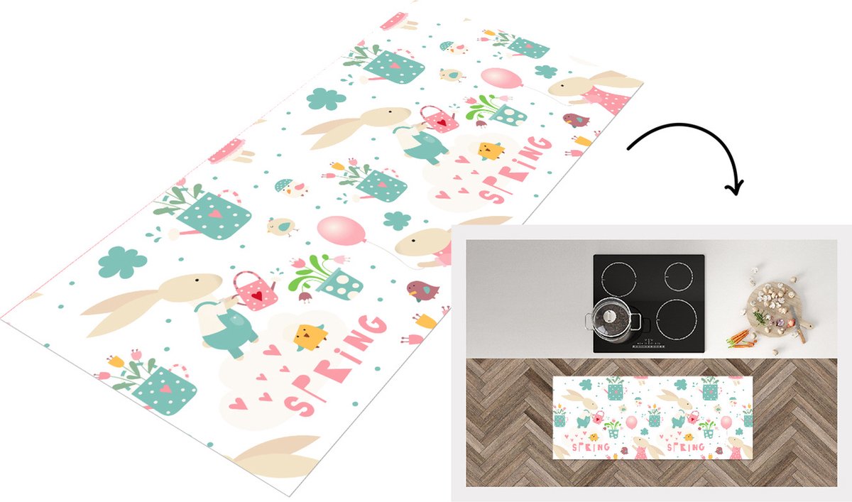 KitchenYeah Keukenloper - Loper keuken - Patroon - Pasen - Lente - 120x50 cm - Keukenloper vinyl Multicolor