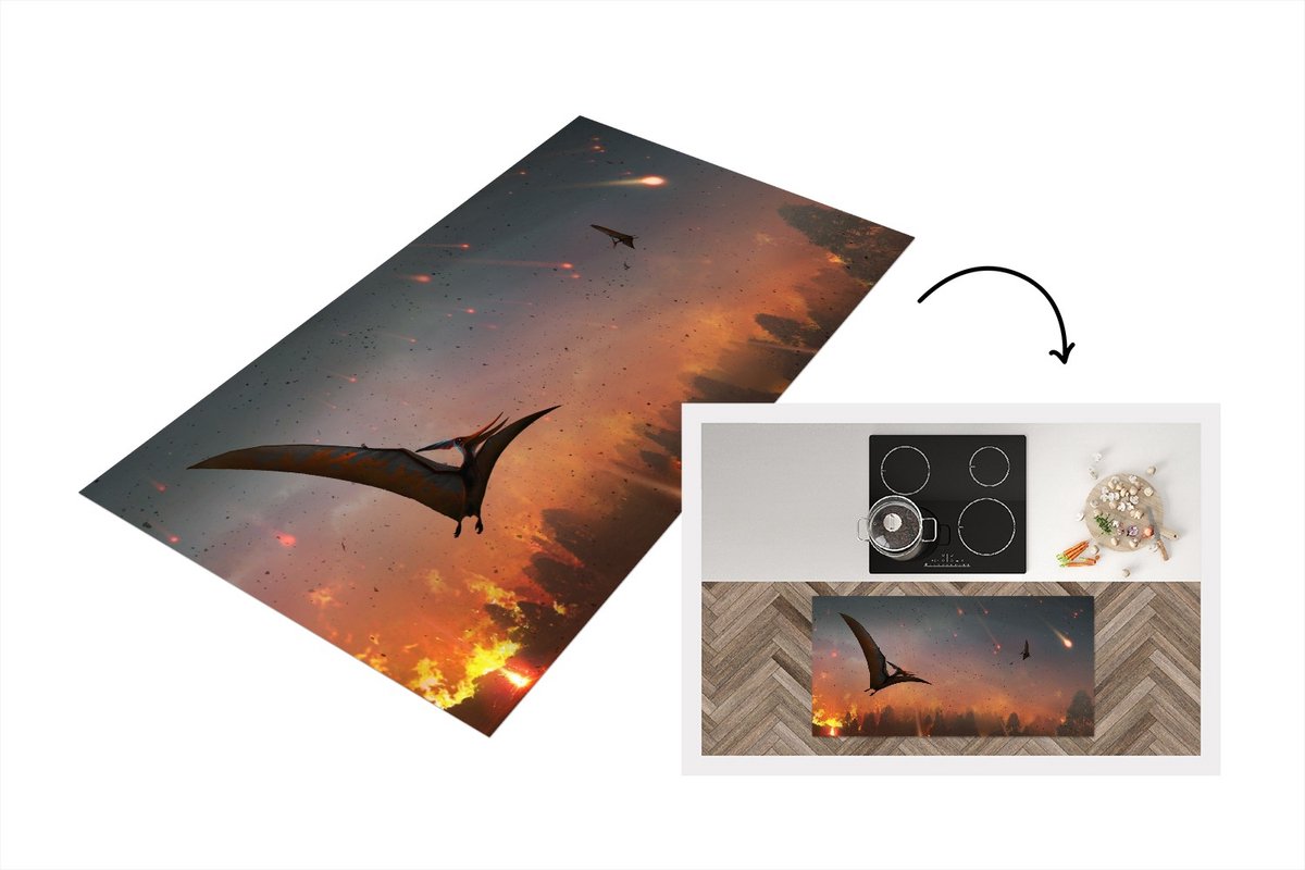 KitchenYeah Keukenloper - Loper keuken - Dinosaurus - Stenen - Lava - Illustratie - 120x60 cm - Keukenloper vinyl Multicolor