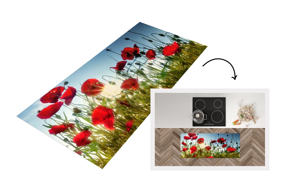 KitchenYeah Keukenloper - Loper keuken - Lange rode Klaprozen in Toscane op een zonnige dag - 120x50 cm - Keukenloper vinyl Multicolor