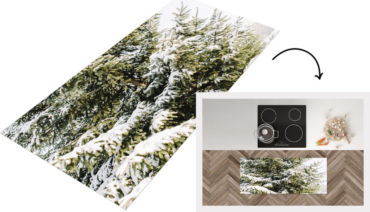 KitchenYeah Keukenloper - Loper keuken - Dennenboom - Kerst - Sneeuw - 120x50 cm - Keukenloper vinyl Multicolor
