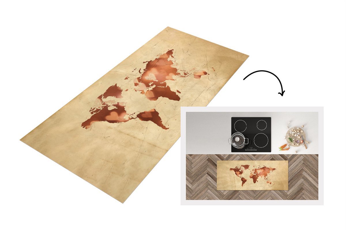 KitchenYeah Keukenloper - Loper keuken - Wereldkaart - Brons - Harten - 120x50 cm - Keukenloper vinyl Multicolor