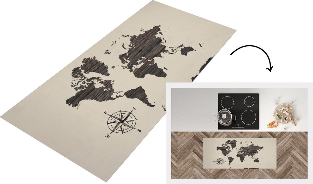 KitchenYeah Keukenloper - Loper keuken - Wereldkaart - Hout - Bruin - 120x50 cm - Keukenloper vinyl Multicolor