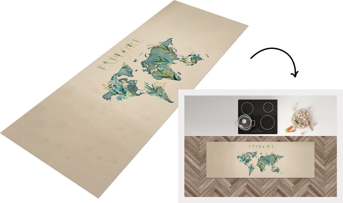 KitchenYeah Keukenloper - Loper keuken - Wereldkaart - Planten - Quote - 180x60 cm - Keukenloper vinyl Multicolor