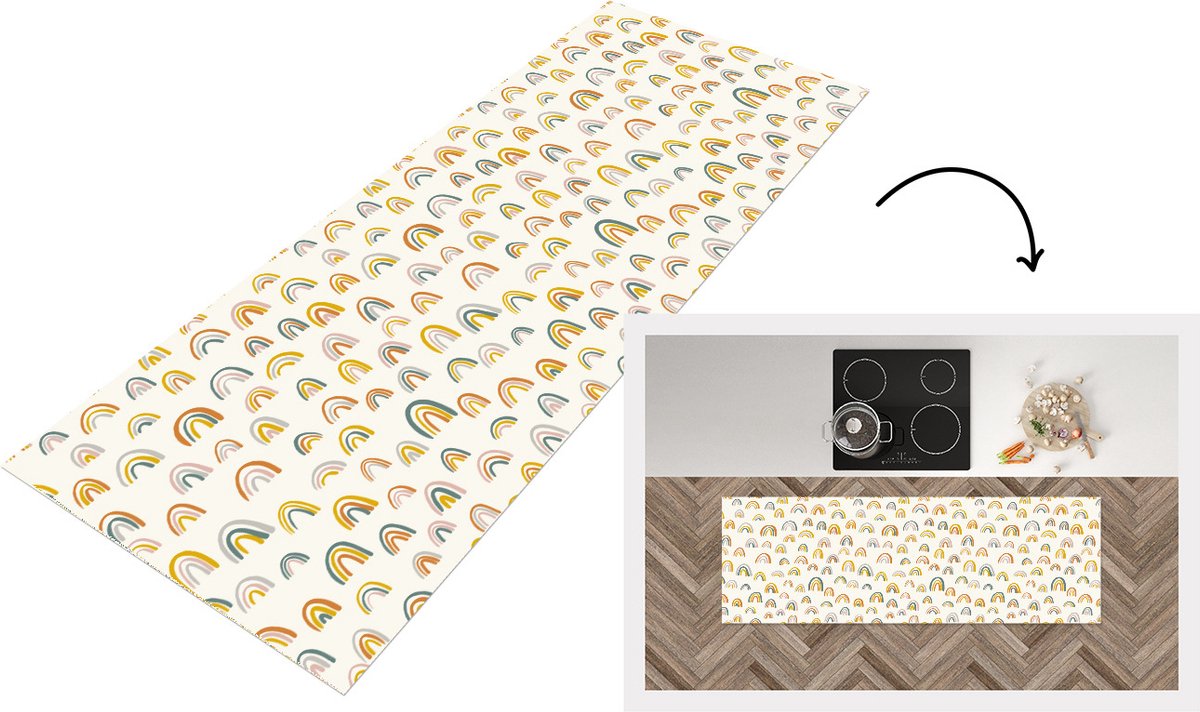 KitchenYeah Keukenloper - Loper keuken - Regenboog - Pastel - Kinderen - 180x60 cm - Keukenloper vinyl Multicolor