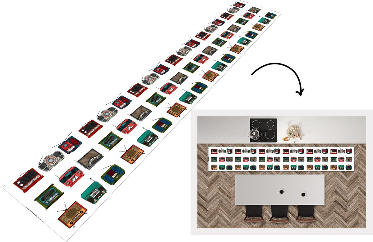 KitchenYeah Keukenloper - Loper keuken - Retro - Radio - Design - 300x50 cm - Keukenloper vinyl Multicolor