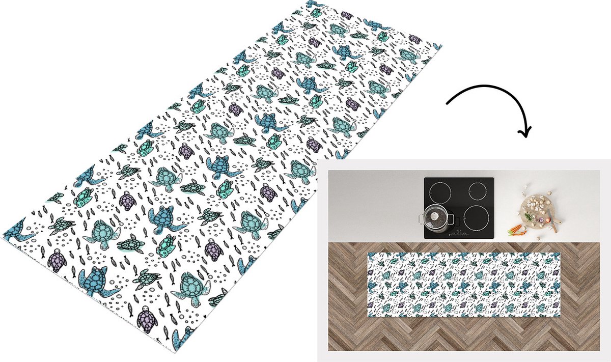 KitchenYeah Keukenloper - Loper keuken - Patronen - Schildpad - Vissen - 150x50 cm - Keukenloper vinyl Multicolor