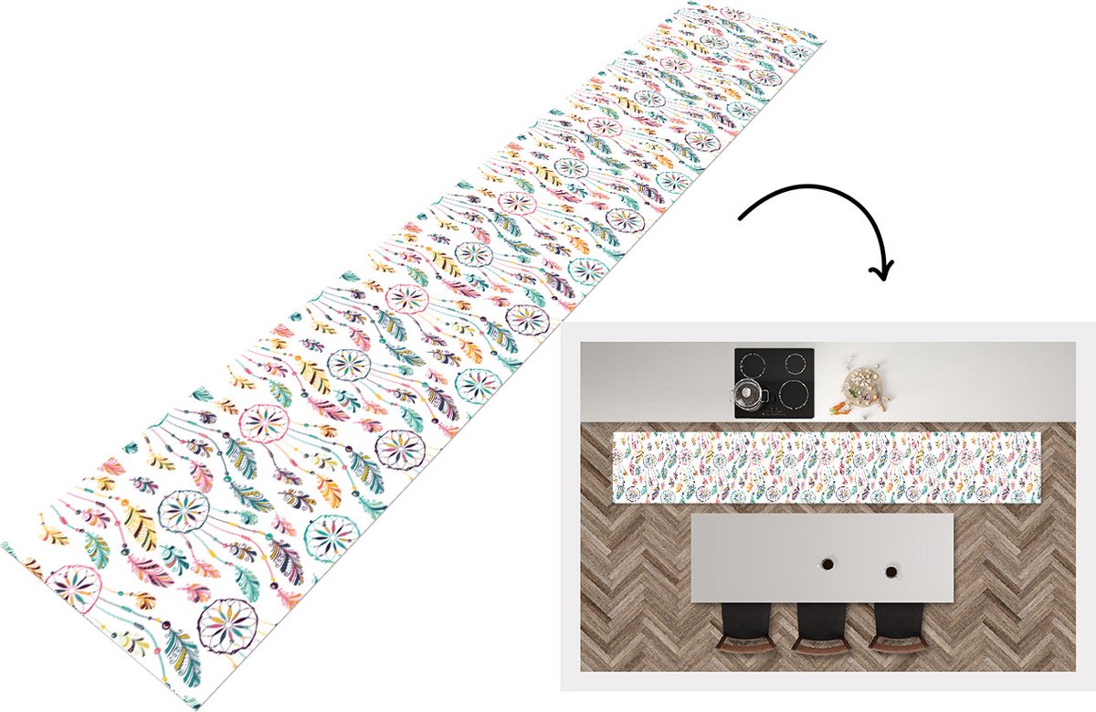 KitchenYeah Keukenloper - Loper keuken - Patroon - Dromenvanger - Veren - Pluimen - 300x50 cm - Keukenloper vinyl Multicolor