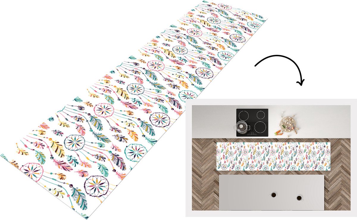 KitchenYeah Keukenloper - Loper keuken - Patroon - Dromenvanger - Veren - Pluimen - 240x60 cm - Keukenloper vinyl Multicolor