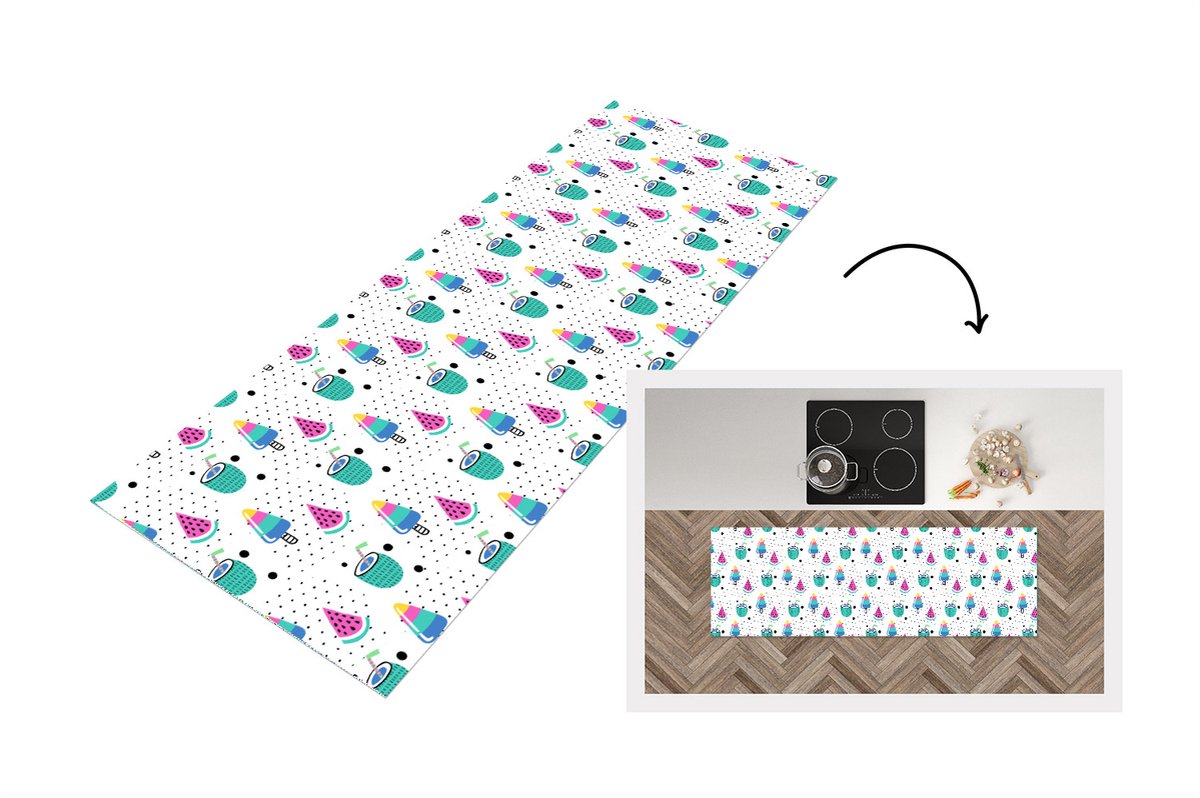 KitchenYeah Keukenloper - Loper keuken - Patroon - IJs - Watermeloen - 150x50 cm - Keukenloper vinyl Multicolor