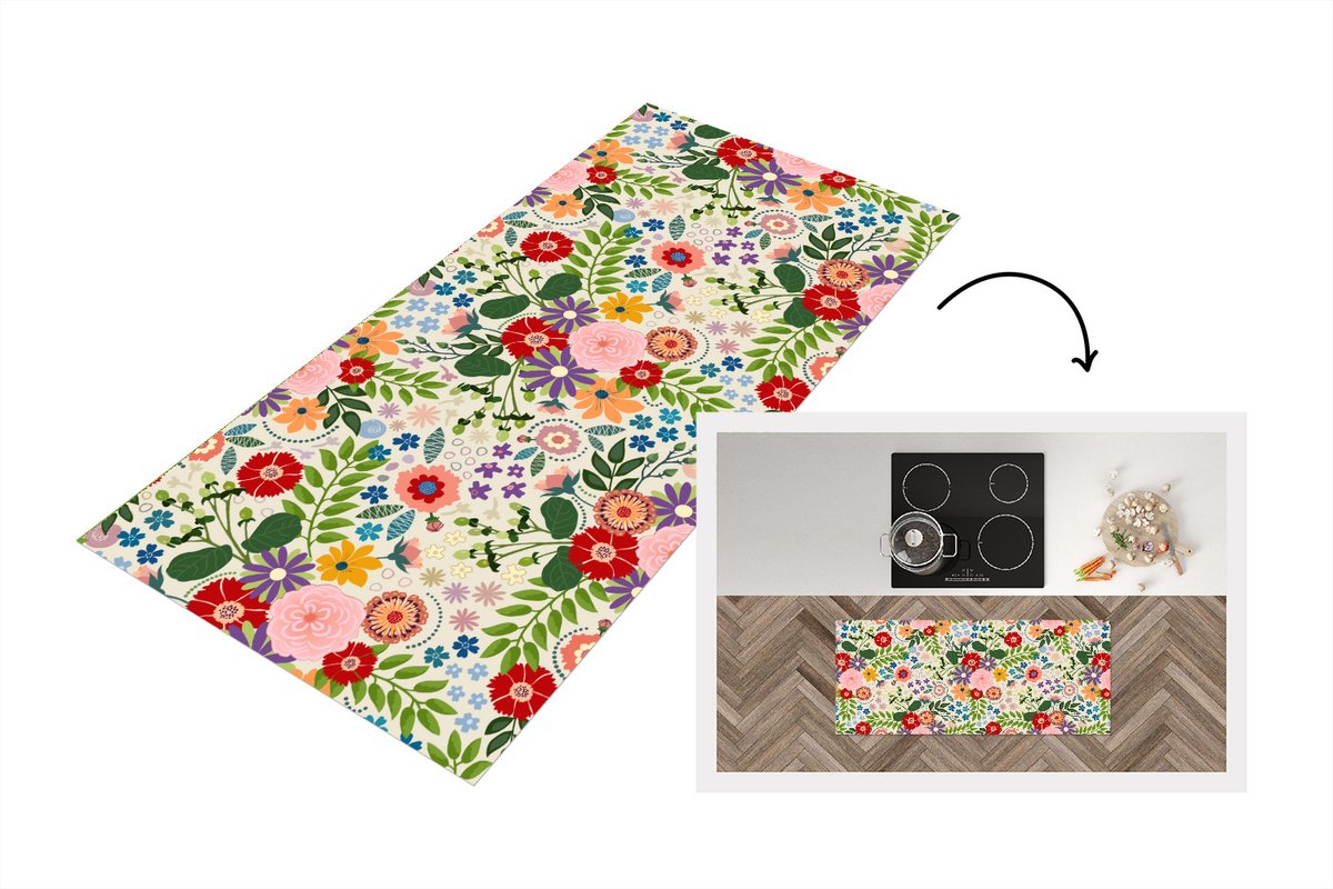 KitchenYeah Keukenloper - Loper keuken - Bladeren - Bloemen - Design - 120x50 cm - Keukenloper vinyl Multicolor