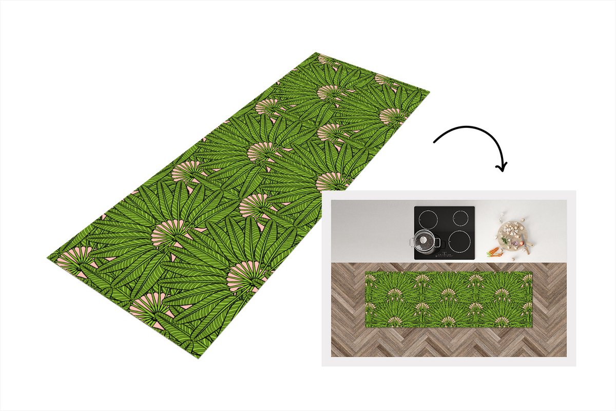 KitchenYeah Keukenloper - Loper keuken - Palmblad - Patronen - Jungle - Tropisch - 180x60 cm - Keukenloper vinyl Multicolor