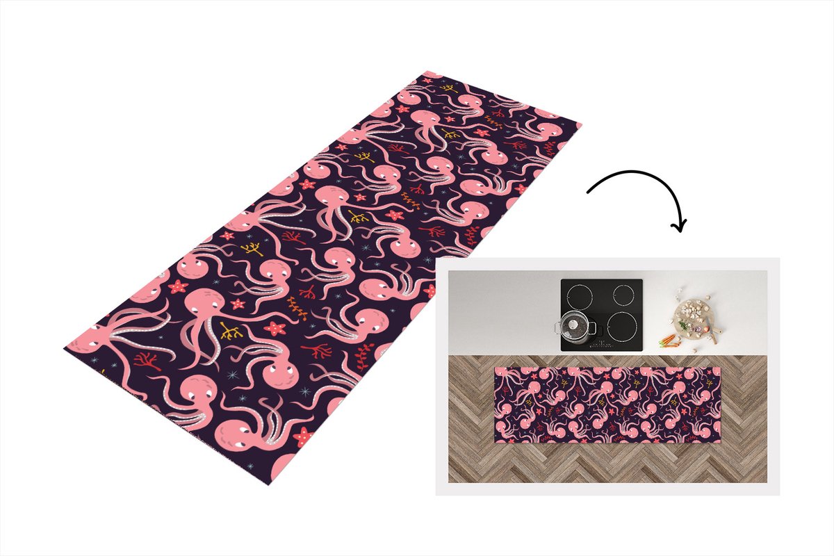 KitchenYeah Keukenloper - Loper keuken - Octopus - Baby - Design - 150x50 cm - Keukenloper vinyl Multicolor