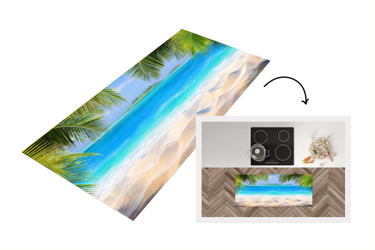 KitchenYeah Keukenloper - Loper keuken - Strand - Palmboom - Zee - Eiland - 120x50 cm - Keukenloper vinyl Multicolor