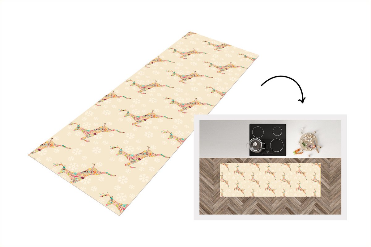 KitchenYeah Keukenloper - Loper keuken - Regenboog - Rendier - Kerst cadeau - Patronen - Christmas - 150x50 cm - Keukenloper vinyl Multicolor
