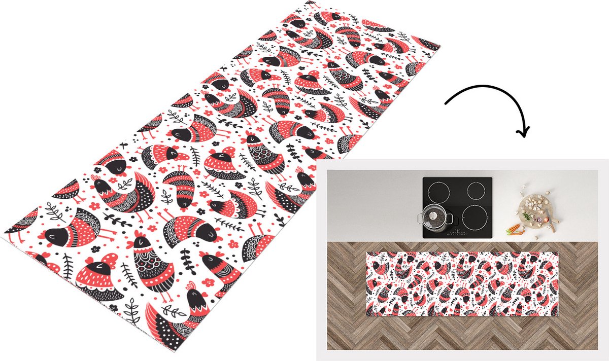 KitchenYeah Keukenloper - Loper keuken - Vogel - Kip - Patroon - 150x50 cm - Keukenloper vinyl Multicolor