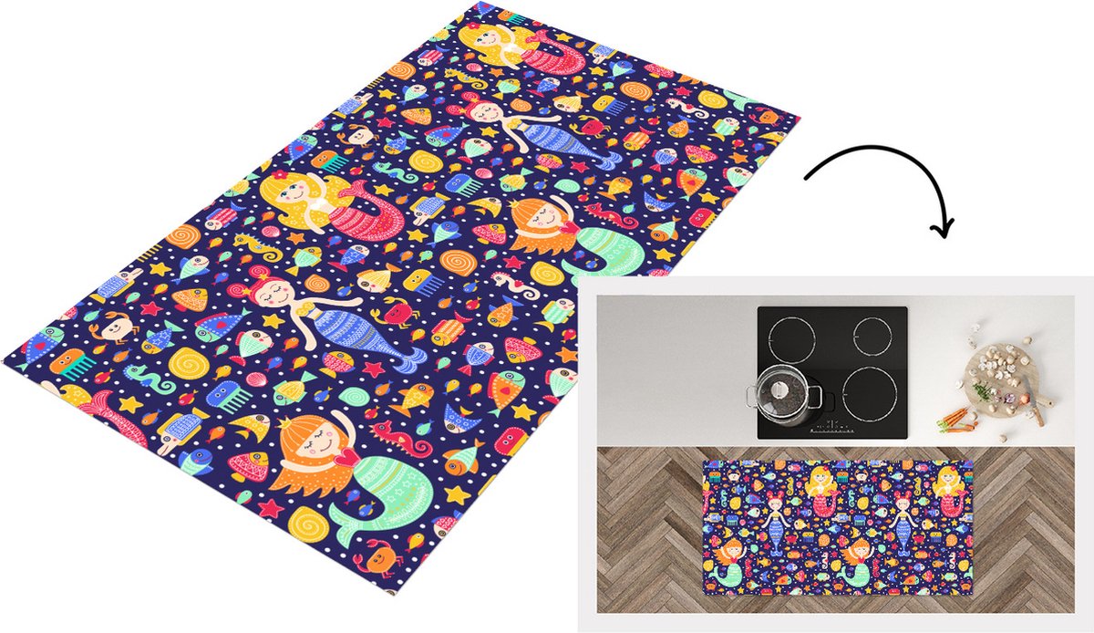 KitchenYeah Keukenloper - Loper keuken - Zeemeermin - Vissen - Patronen - 120x60 cm - Keukenloper vinyl Multicolor