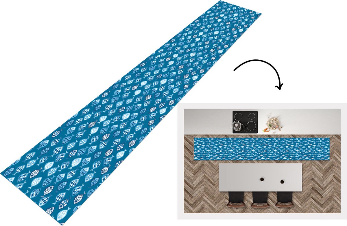 KitchenYeah Keukenloper - Loper keuken - Vissen - Blauw - Patronen - 300x50 cm - Keukenloper vinyl Multicolor